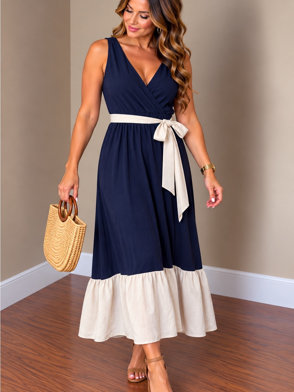 Dkny Navy Wrap Midi Dress with Cream Contrast Tie